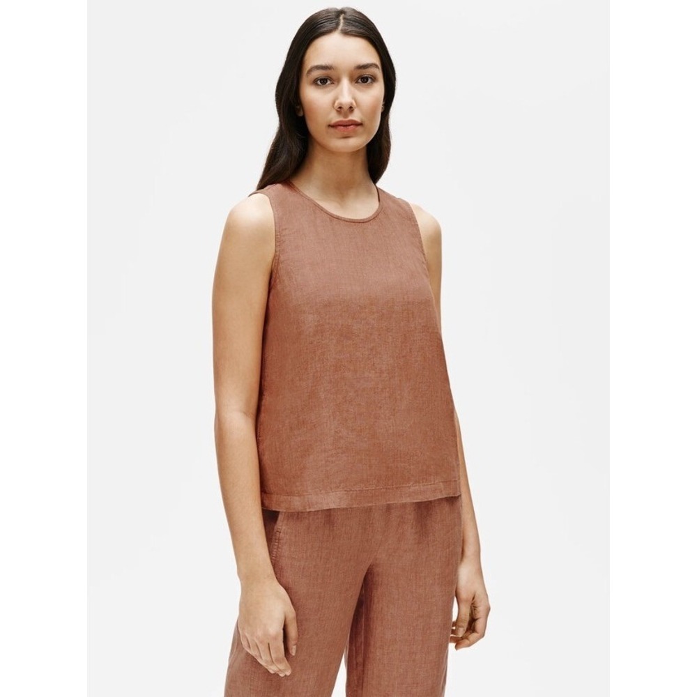 Eileen Fisher Organic Linen Shell Top Round Neck Keyhole Back Terracotta Large